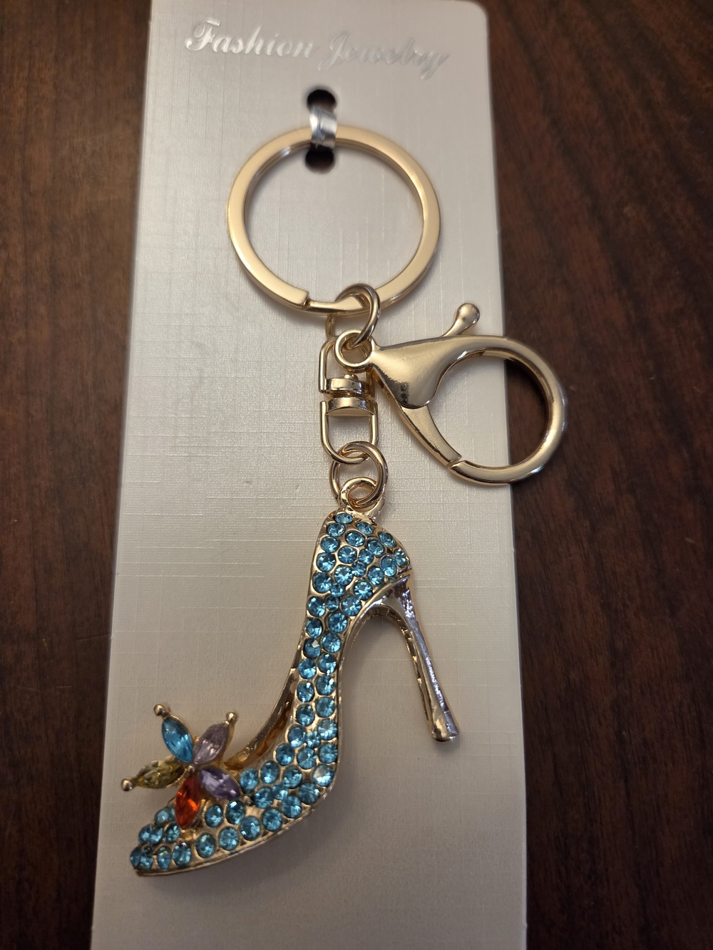 Gold-Tone High Heel Keychain with Blue Crystal Accent